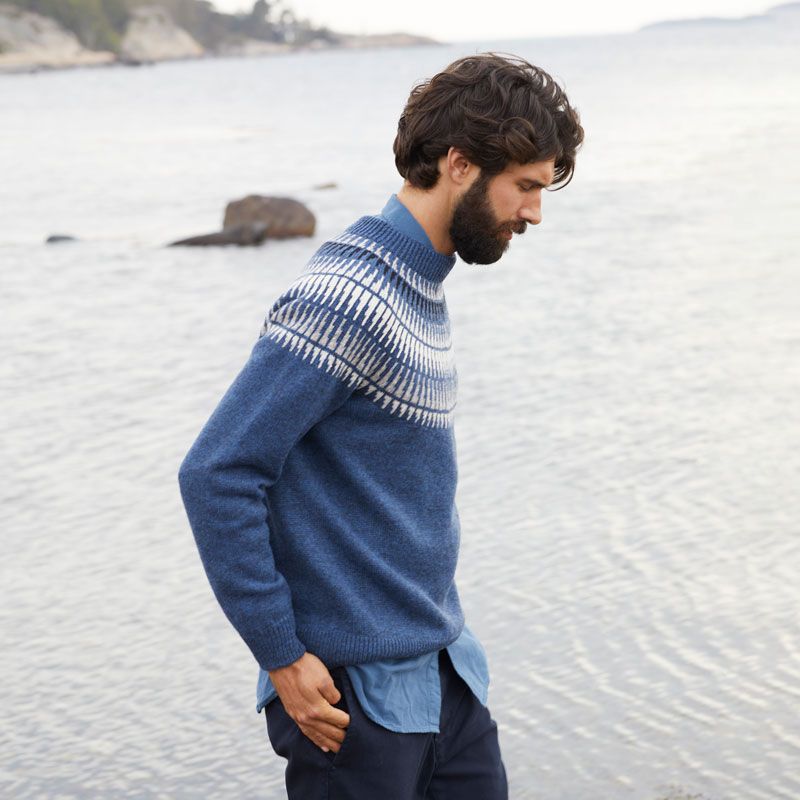 Rauma - Spiret herre rundfelt genser - Blå melert